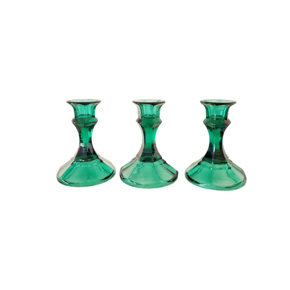 Emerald Green Glass Candlestick Holders – Set of 3 Vintage Taper Candle Holders - Picture 7 of 9